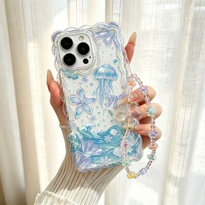 Ins Wavy Border Ocean Jellyfish & Floral Print Phone Case, With Colorful Floral Bead Chain Lanyard, Full Coverage Anti-Drop Transparent Soft Shell, Suitable For IPhone18pro/18promax/17/17Pro/17ProMax/16/16Pro/16ProMax/15/15Pro/15ProMax/14/14Pro/14ProMax/13/13Pro/13ProMax/12promax/12/11, Fresh Dreamy Girly Style
