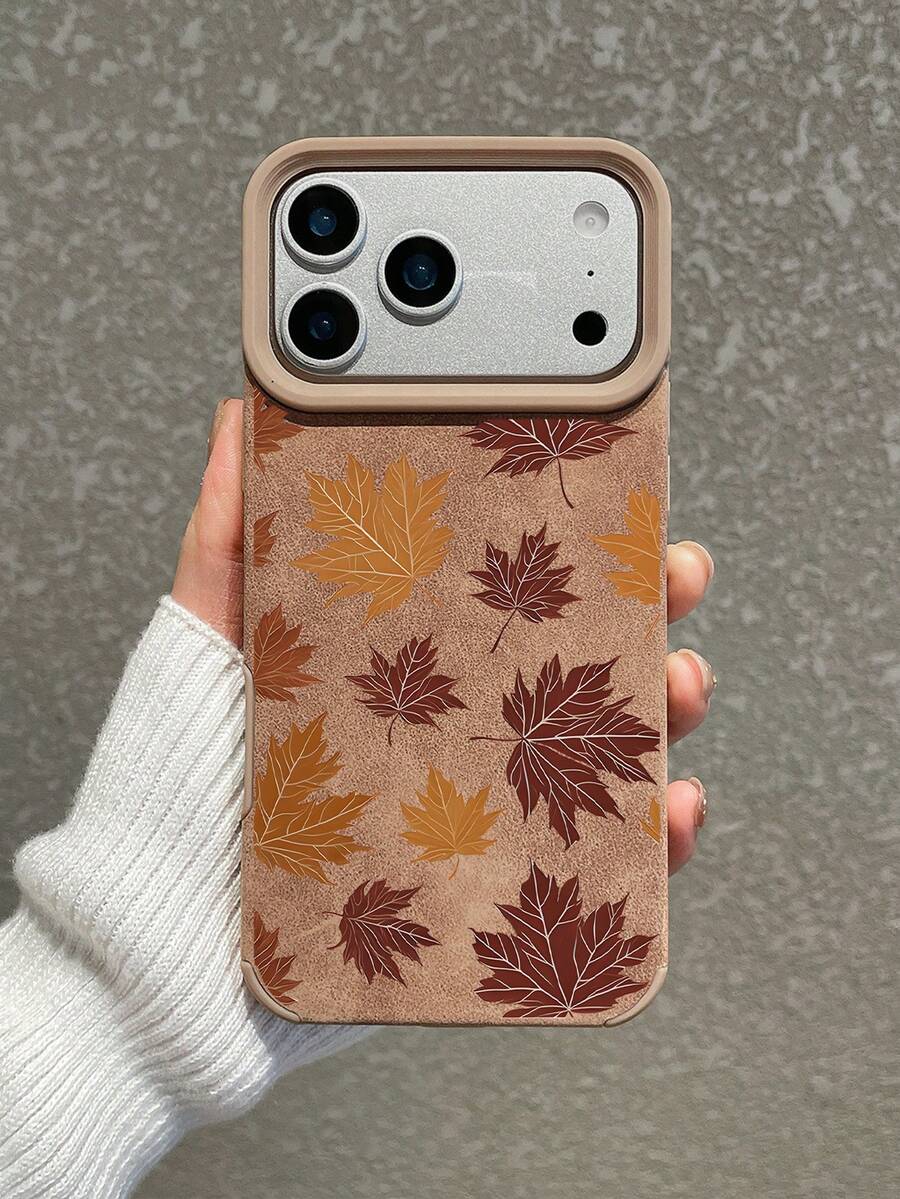 1pc Vintage Autumn Maple Leaf Faux Suede Brown Skin-Friendly Phone Case Covers, Girls Autumn Thanksgiving Faux Leather TPU Soft Shell Full Coverage Anti-Drop Compatible With IPhone18 Pro 18 ProMax 17 16 15 14 Pro Max Fast Shipping - Brown - View 1
