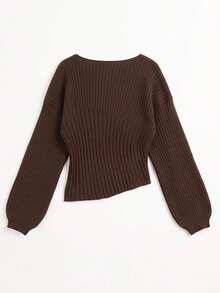 Women's French Style Ribbed Spliced Cinched Waist Lantern Long Sleeve Knit Sweater, Slim Fit Elegant Versatile Top For Office Commute Fall Winter - Coffee Brown - View 8