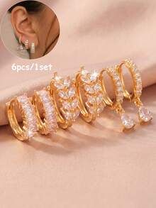 6pcs/Set Copper Zirconia Stone Minimalist Elegant Multi-Element Earrings Set, Versatile Fashion Earrings Suitable For Mother's Day Gift - Silver - View 11
