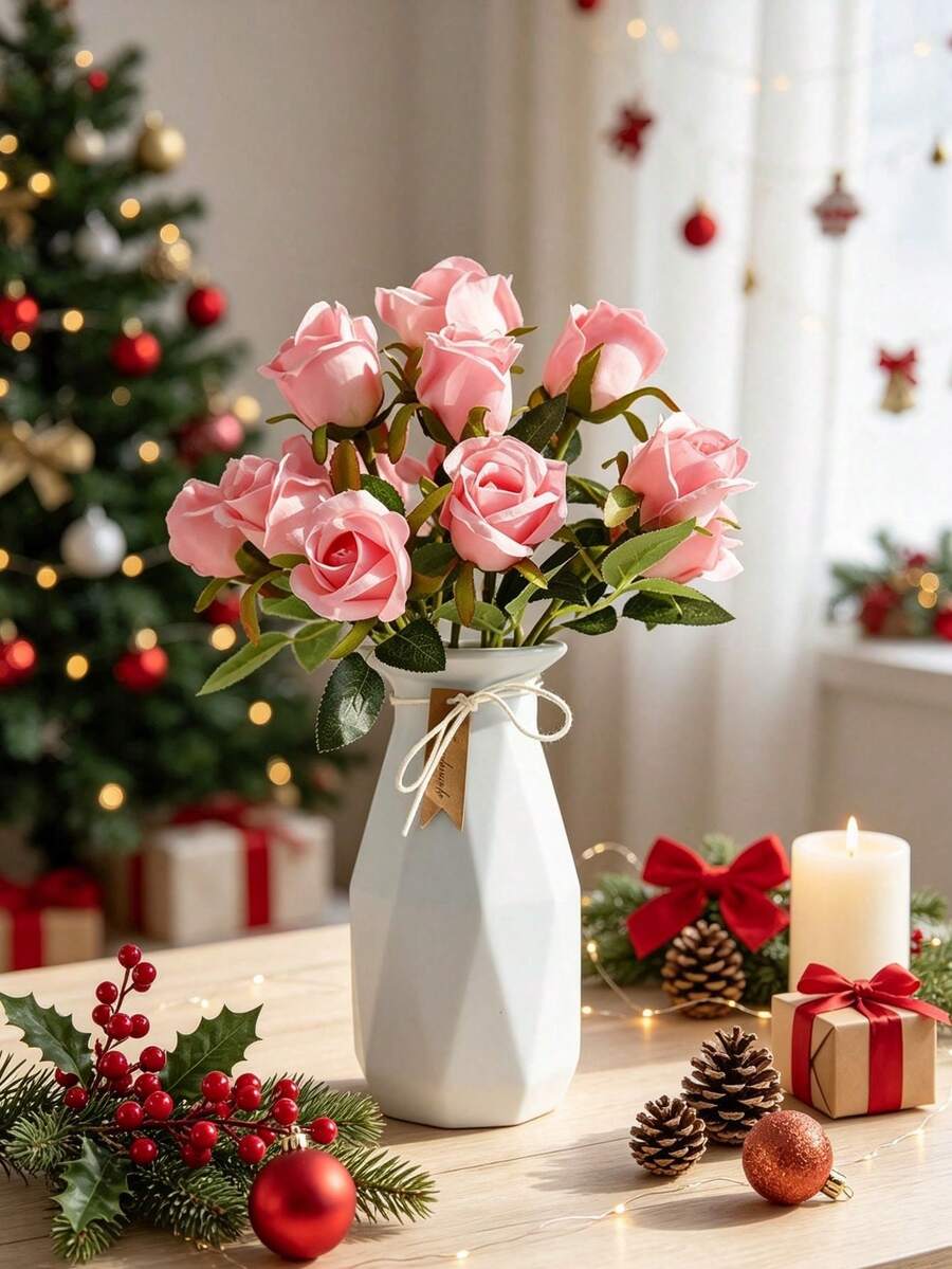 3 Pcs Pink Valentine's Day Gift Artificial Roses, Perfect For Home Decoration, Wedding Decor, Bridal Bouquets, Corsages, Bedrooms, Vase Arrangements, And Other Occasions, Plus Christmas Decorations - Pink - View 1