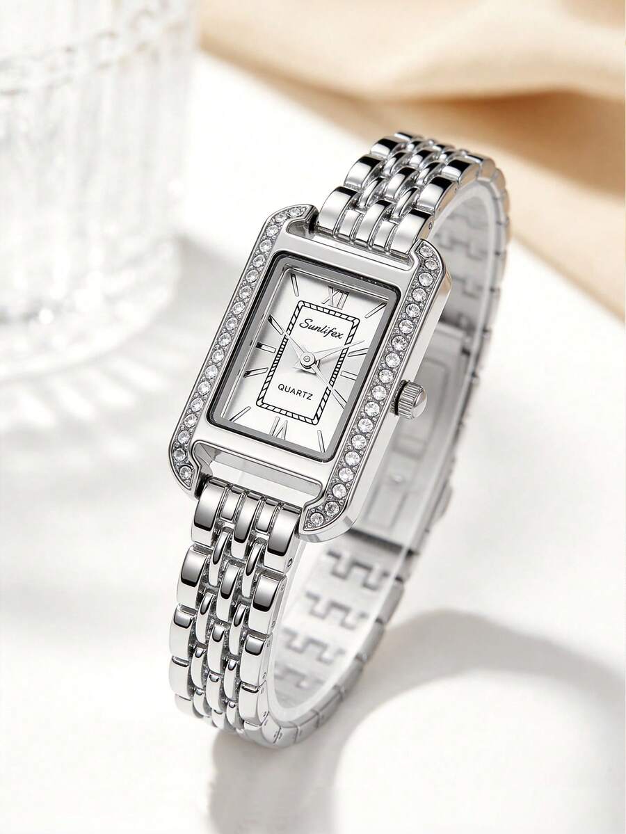 1pc Women's Rectangular Vintage Rhinestone Decor Quartz Watch, Silver Alloy Case And Band, White Dial, Suitable For Daily Wear And Gifting - Silver - View 1