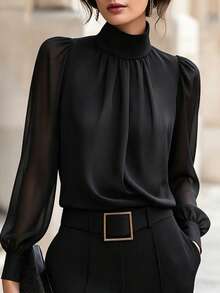 Women Mock Neck Ruched Detail Puff Long Sleeve Elastic Cuff Elegant Office Work Blouse For Daily Wear - Black - View 1
