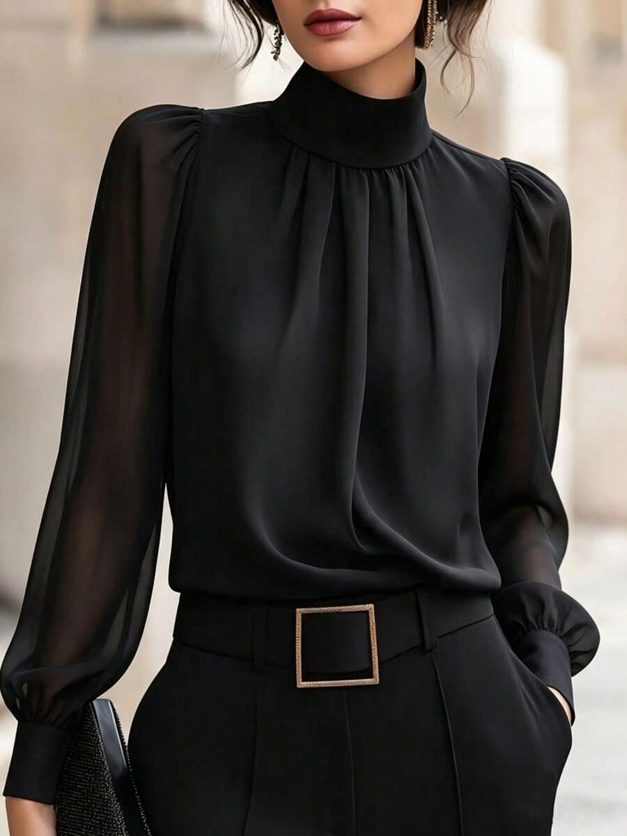 Women Mock Neck Ruched Detail Puff Long Sleeve Elastic Cuff Elegant Office Work Blouse For Daily Wear - Black - View 1