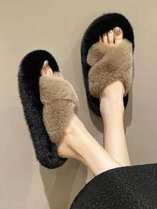 Women Letter Embroidery Open Toe Fluffy Slip On Slippers - Khaki - View 3