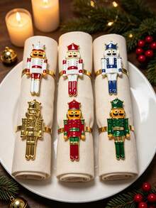 12pcs/6PCS Christmas Nutcracker Soldier Napkin Rings, Full Set Of 6 Metal Nutcracker Napkin Buckles, Christmas Table Napkin Ring Decoration Set With Painted Rhinestone Napkin Rings, Holiday Party Table Decoration Napkin Cloth Rings, Home Decor, Christmas Restaurant Table Setting Decoration, Hotel Tabletop Decoration Supplies - Multicolor - View 11
