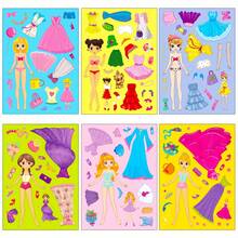 6 Sheets Princess Dress-Up Puzzle Stickers, Cute Paper Doll Dress-Up Stickers, Fashion Set Hair Accessory Stickers, Suitable For Scrapbooking, Journaling, Children's DIY Crafts - Multicolor - View 1
