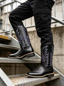 Striped Western Style Faux Leather Texture Cowboy Boots, Outdoor Wear For Men All Seasons - Black - View 7