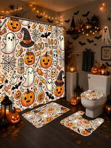 4-Piece Kids' American Cartoon Halloween Bathroom Set, Waterproof, Moisture-Proof, Mildew-Resistant, Semi-Transparent Shower Curtain With Cute Ghost, Pumpkin, Witch Hat, Mummy And Candy Patterns, U-Shaped Non-Slip Bath Mat, Toilet Mat, Home Bathroom Decor - A - View 8