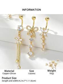 3pcs Women Heart, Bow, Flower, Butterfly Teardrop Navel Piercing Jewelry Set, Suitable For Beach, Holiday, Party, Occasions - 3 Pieces - View 11