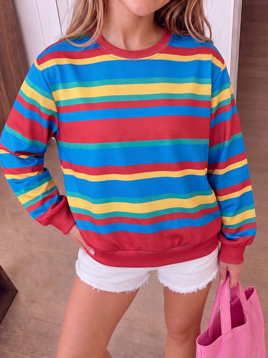 1pc Tween Girl Rainbow 4-Color Horizontal Striped Crew Neck Sweatshirt, Vibrant Contrast Color Loose Fit Unisex Tween Girl Spring Autumn Basic Casual Long Sleeve Top - Red - View 1