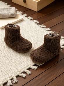 1 Pair Kids Soft Plush Short Boots, Simple Side Zipper Round Toe Ankle Boots, Suitable For Home Wear, Suitable For Casual Walking, Suitable For Autumn/Winter - Brown - View 7