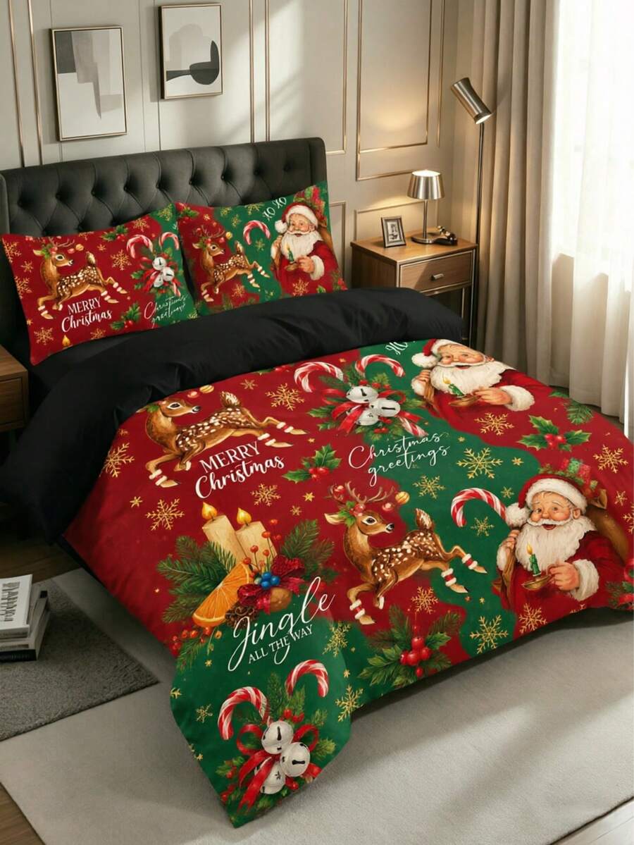 3er Set süßes rosa Weihnachtsmann-Bettbezug-Set, Kissenbezug Muster zufällig, Bettbezug-Set (1 Bettbezug + 1/2 Kissenbezüge, Kissenfüllung nicht enthalten), weich warm bequem Schlafzimmer, Gästezimmer, Studentenwohnheim Dekoration Bettwäsche-Set - Verschiedenfarbig - Übersicht 1