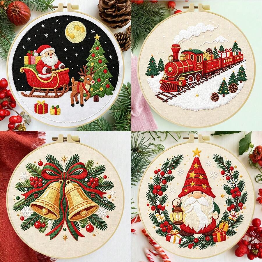 Christmas Embroidery Kit, 1 Pack Cross Stitch Kit,DIY Embroidery Starter Kit For Adults & Beginners, DIY Needlepoint Kit With Embroidery Hoop Thread Needle For Craft Lover Birthday Christmas Gifts ,20*20cm/7.9*7.9in