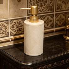 Sandstone Bathroom Accessory Set, Rhombus Grid Embossed Pattern, Countertop Decor Kit, Includes Soap Dispenser, Soap Dish, Storage Tray - Yellow Sand Plaid Suit - View 5
