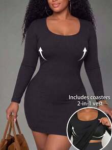 1pc Plus Size Square Neck Ribbed Long Sleeve Extended Length 2-In-1 Built-In Bra Solid Color Versatile Comfortable Minimalist Slimming Casual Yoga Sports Outerwear, Autumn/Winter - Black - View 2
