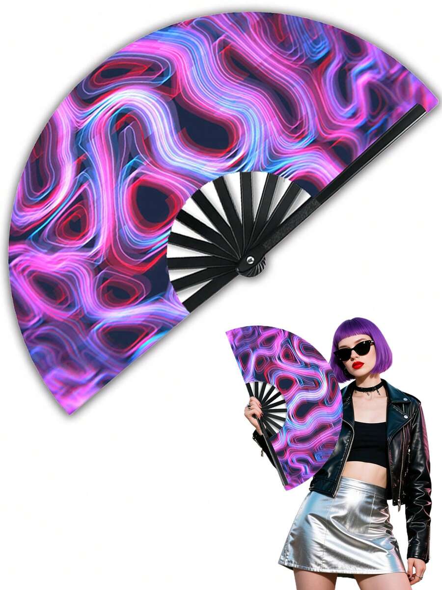 1pc UV Large Carnival Hand Fan, Bamboo Frame, Suitable For Dance, Music Festival, Party, Performance And Gift - Streamer - View 1