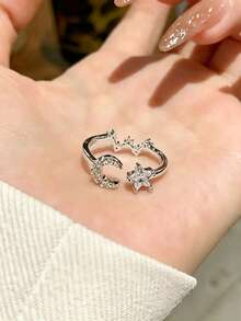 1pc Minimalist Fashion Luxury Exquisite Star & Moon Open Ring, Suitable For Women's Daily, Holiday, Commute Wear - Silver - View 4