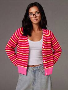 Women's American Retro Colorful Striped Cardigan Sweater, Button Front Round Neck Knit Top, Long Sleeve Casual Preppy Commuter Jacket Red - Red - View 3