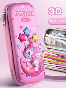 1pc Girls Pink 3D Unicorn Moon Pattern Hard Shell Fabric Closure Large Capacity Dreamy Pencil Case, Desktop Stationery Storage Box, Suitable For Students School Back To School Use, Perfect Gift For Friends - Unicorn - View 6