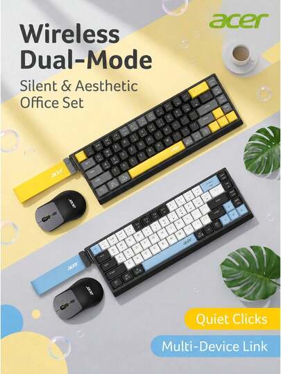 Acer Experiencia del combo de teclado y ratón OKR264: modo dual 2.4G/Bluetooth, silencioso para oficina, diseño de colores contrastantes con ratón ergonómico, compatible con múltiples sistemas