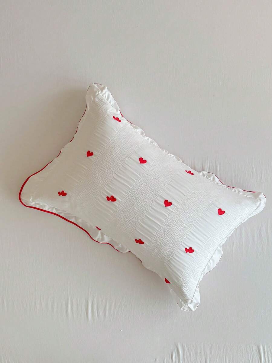 1pc Red Embroidered Small Heart Ruffle Edge Pillowcase, French Princess Style Decorative Throw Pillow Cover Suitable For All Seasons, Modern Minimalist Cute Decorative Long Pillowcase, Perfect Gift, Machine Washable, No Filling Included - Red and White - View 1