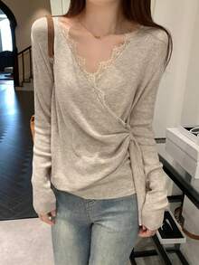 Women's Lace Patchwork Pleated Casual Versatile Daily Wear Knit Top - Khaki - View 5
