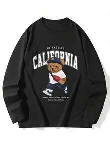 Women's Fashion Autumn/Winter Loose Minimalist Versatile Cartoon Bear Print Long Sleeve T-Shirt - Black - View 5