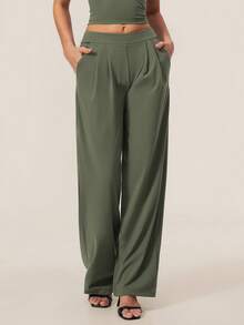 TimeOff Women's 1pc Solid Color Autumn/Winter Pleated Front Side Pocket Straight Leg Wide Leg Pants - Green - View 9