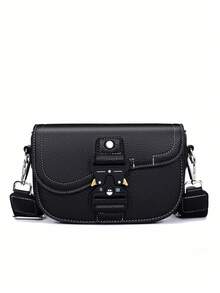 Vintage Saddle Bag Unisex Couple Crossbody Small Bag, Functional Style, Textured Litchi Grain Fabric, Personalized Metal Buckle Flap Design, Travel - Multicolor - View 11