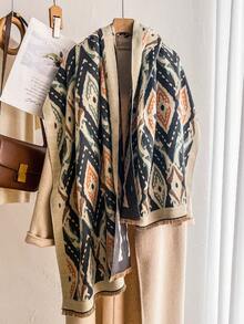 1pc Vintage Rhombus Ikat Pattern 65*180cm Shawl, Heavy Brushed Polyester Imitation Cashmere, Fall Winter Multi-Use Wrap For Trip Gathering - Multicolor - View 1
