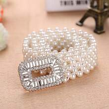 1pc Women's Pearl Belt With Rhinestone Square Buckle, Fashionable Versatile Elegant Dress Decoration Belt - Gold - View 2