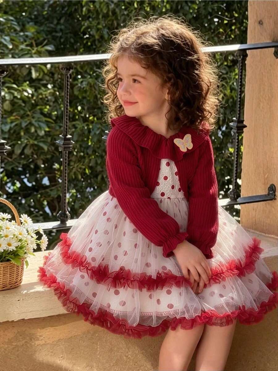 Autumn/Winter Toddler Girls Christmas Holiday Princess Style Tulle Patchwork Long Sleeve Butterfly & Polka Dot Element Tutu Dress - Red - View 1