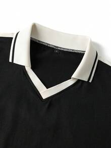 Men's Spring/Autumn Super Popular Minimalist Contrast Color Lapel Long Sleeve Polo Shirt - Black - View 4