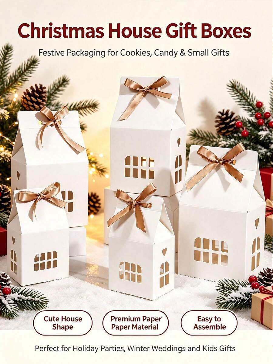 House‑Shaped Christmas Gift Boxes With Ribbon, Hollow Paper Candy Cookie Boxes, Large & Small Sizes For Xmas Holiday Party Decoration - View 1