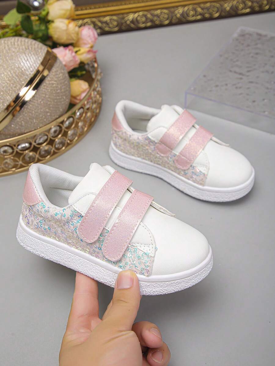 1雙女童學生鞋 魔鬼氈式 舒適休閒 防滑平底 亮面百搭時尚運動鞋 全季節適用 - 粉色 - 查看 1