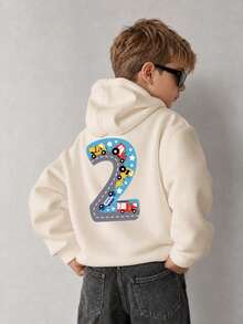 1pc Boys Toddler Hooded Sweatshirt, Construction Truck & Number 2 Cartoon Print, Cream White Loose Fit Pullover Sweatshirt For Spring And Autumn - Apricot - View 4