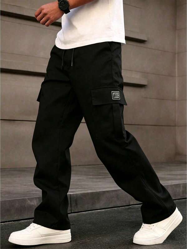 Men's Loose Straight Leg Cargo Pants, Multi-Pocket Square Patch Label Solid Color Quick-Dry Casual Pants, Streetwear Commute Outdoor Spring Summer Autumn Versatile Cargo Pants, Perfect Gift For Boyfriend And Father