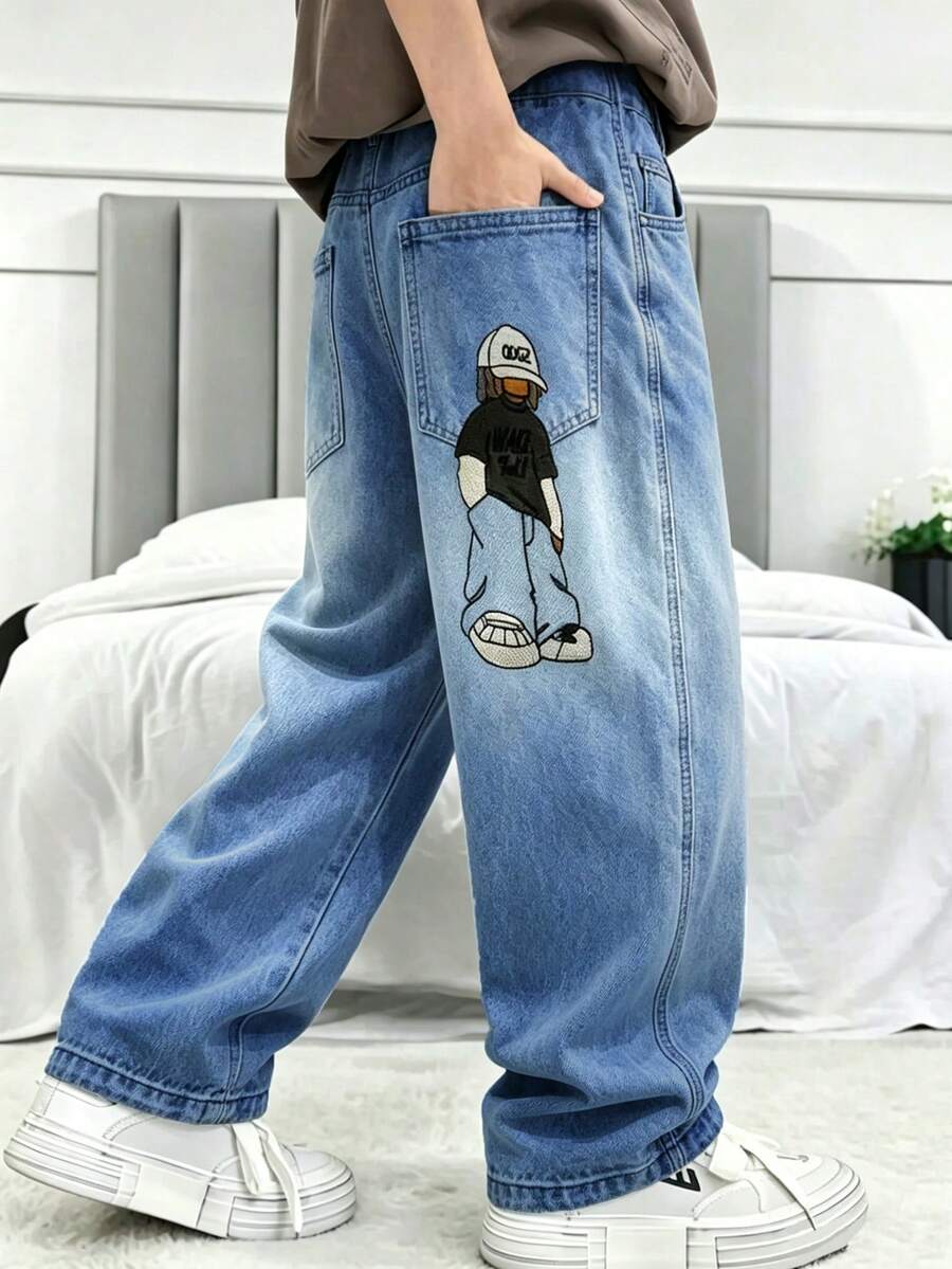 Tween Boy Cartoon Pattern Pocket Casual Daily Wear Denim Jeans - Blue - View 1