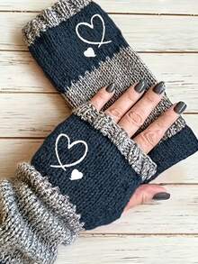 Autumn/Winter Colorblock Knit Fingerless Wrist Warmers With Cute Heart Print, Elastic Warm Gloves For Women, Daily Use - Multicolor - View 6