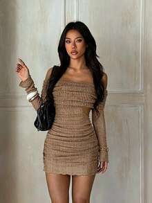 1pc Solid Color Elegant Knit Fabric Sleeveless Dress Beach Autumn - Khaki - View 1