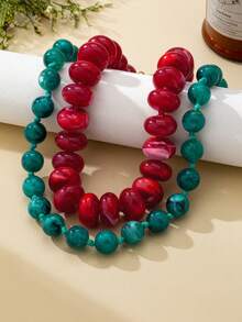 OABE Set Kalung Manik-Manik Bertingkat Gaya Bohemian 2pcs/Set dengan Blok Warna Merah & Hijau, Cocok untuk Pemakaian Sehari-hari Wanita - MultiWarna - View 4