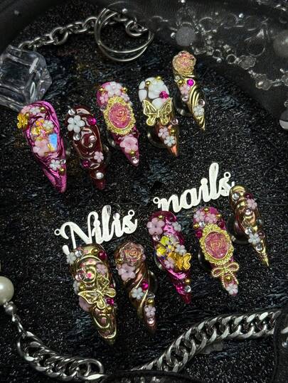 10pcs Handmade Fully Covered Stiletto Nails Press On Nails,Hot Pink,3D Flower Golden Butterfly Gem Rhinestone Decor,Baroque Vintage Fairy Design,Reusable Fake Nails,Suitable For Party,Dance,Y2K Romantic Aesthetic Nail Art With Jelly Glue & Nail File