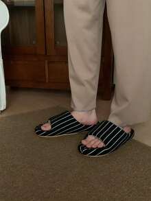 XIXITIAO Casual Arch‑Support Striped Slippers, Slip‑On Four‑Season Slippers For Men & Women, Soft Comfortable Indoor Home Slides - Black and White - View 8