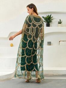 JINLICX Elegant Plus Size Arabian Dress With Contrast Sequin Batwing Sleeves Long Scoop Neck Formal Attire - Dark Green - View 8
