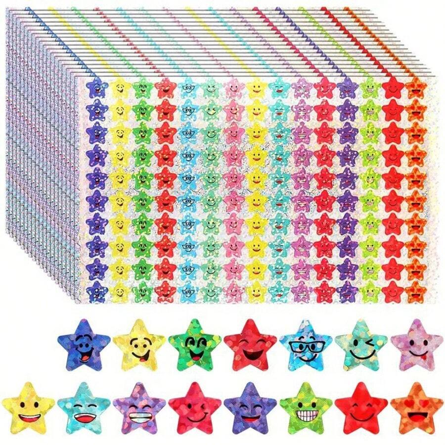1500pcs/10sheets Holographic Smiling Face & Star Doodle Stickers, 15 Colors, Shiny Glitter, Rich Expressions, Funny & Colorful, Perfect For Teacher Classroom Rewards, Planner DIY, Stationery Box, Water Bottle Decoration, Party Events, Behavior Chart - Multicolor - View 1