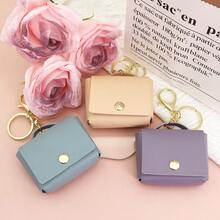 1pc PU Leather Earphone Case Protective Cover Small Square Coin Purse Keychain Pendant Car Key Bag Portable - Multicolor - View 3