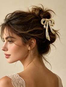 1pc Luxury Light Gold Bowknot Rhinestone & Pearl Hair Claw, Medium Metal Hair Claw, Women's Party Wedding Daily Updo Hair Accessory - Multicolor - View 6