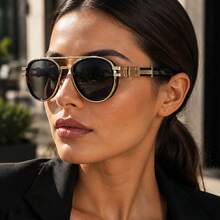 European And American Retro Sunglasses For Women, Gold And Gray Color Scheme, Rounded Small Frame, Gray-Black Lenses, Gold Metal Frame, Black Temples With Exquisite Metal Details, Suitable For Cafe, City Stroll, Weekend Outing - Multicolor - View 5