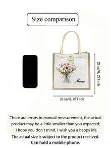Customizable Linen Tote Bag, Personalized Name & Floral Wreath Pattern, Button Decor, Large Capacity Handbag, Foldable Travel Shopping Bag, Tote - Multicolor - View 8
